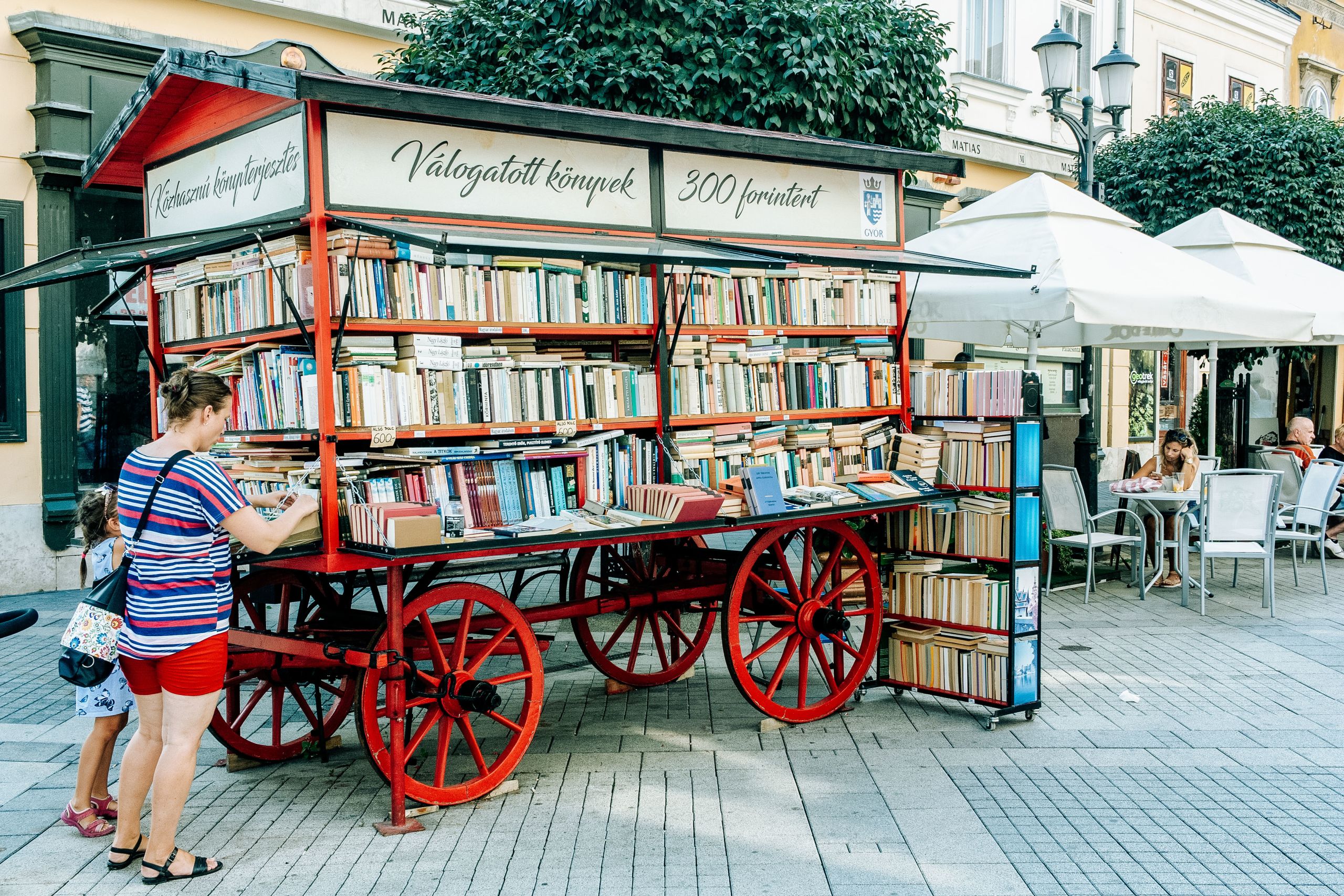 Carretto di libri all'aperto in una città austriaca.